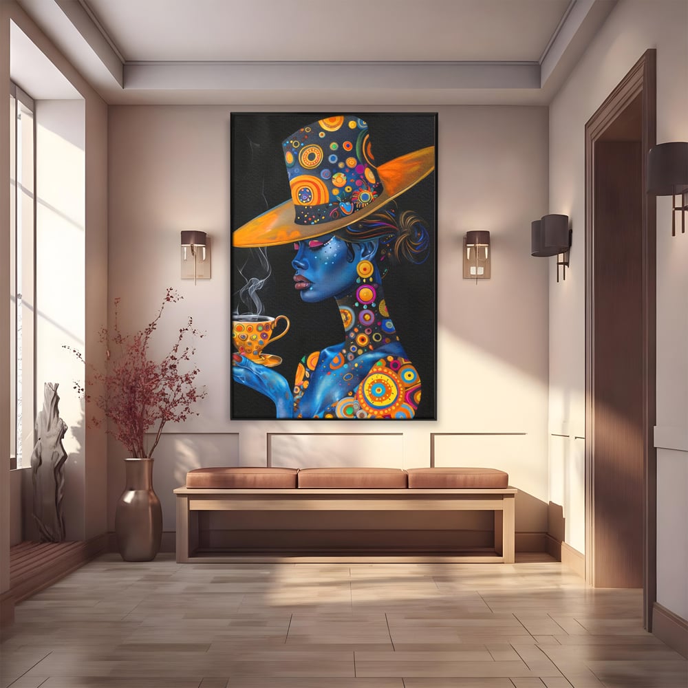Tablou canvas cu tablou canvas cu portretul unei femei albastre, in rama de aluminiu negru